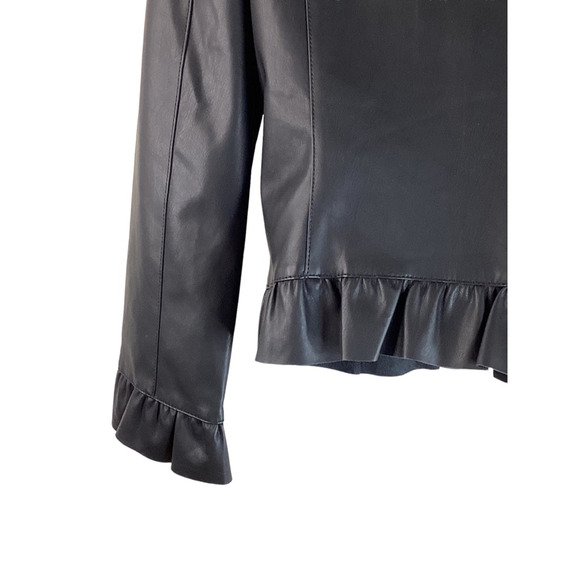 Ann Taylor Womens Faux Leather Jacket Solid Black Full Zip Mock Neck Ruffled 4 - Picture 8 of 12